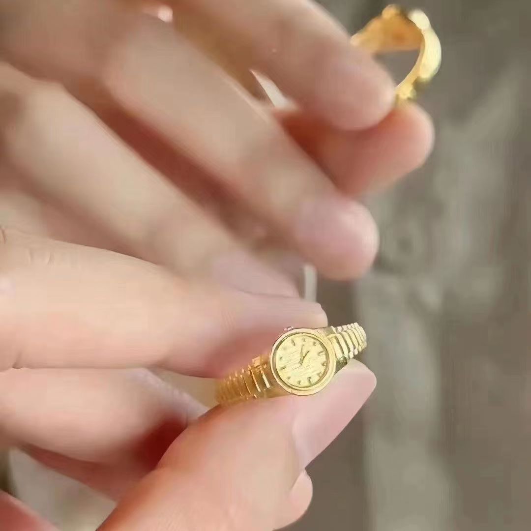 European and American Cross-Border New 520 Small Gold Watch Clock Open Ring Ins Men's and Women's Suit Adjustable Punk Style Ring