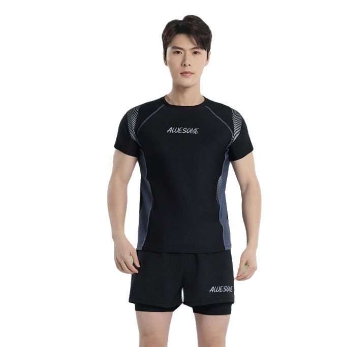 2025 New Men's Swimwear Swimming Top Quick-drying Short-sleeved suit Sun Protection Clothing Letter Simple Loose Double-layer Pants
