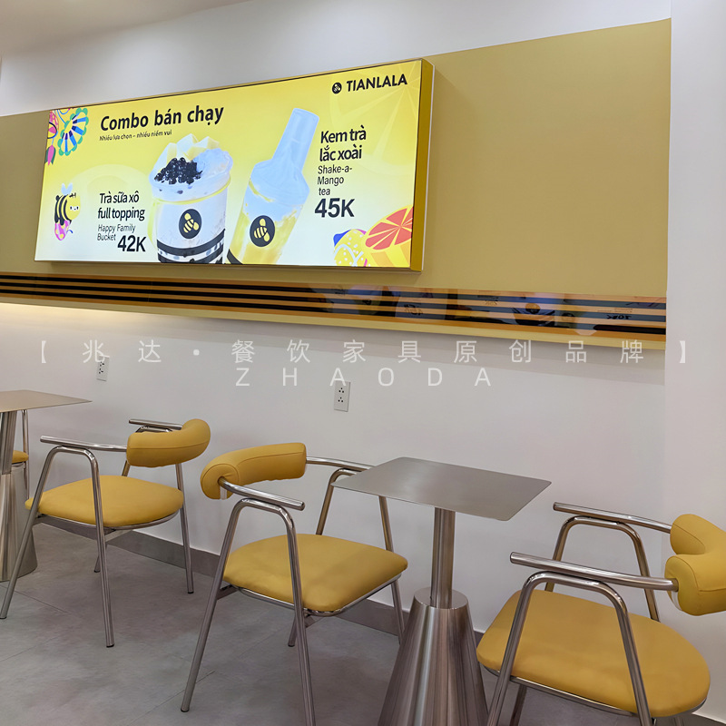 Light Luxury Milk Tea Shop Tables and Chairs, Industrial Style Minimalist Snack Coffee Tables, Stainless Steel Upholstered Chairs, Korean-Style Negotiation Tables