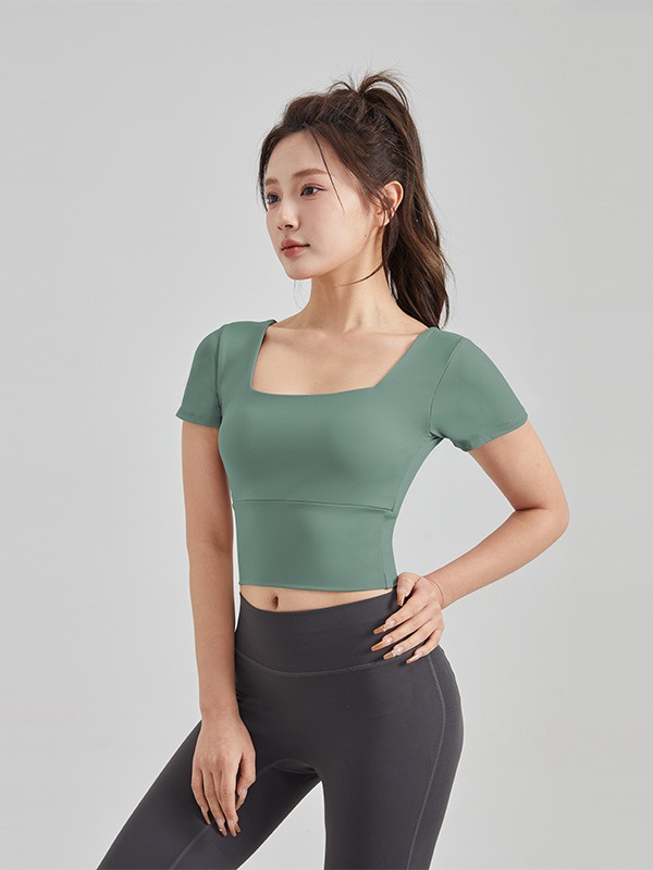 New LULU Square Neck Yoga Short Sleeve Sports Tight Quick-drying Fitness Top with Chest Mat Yoga Clothes Women's Summer