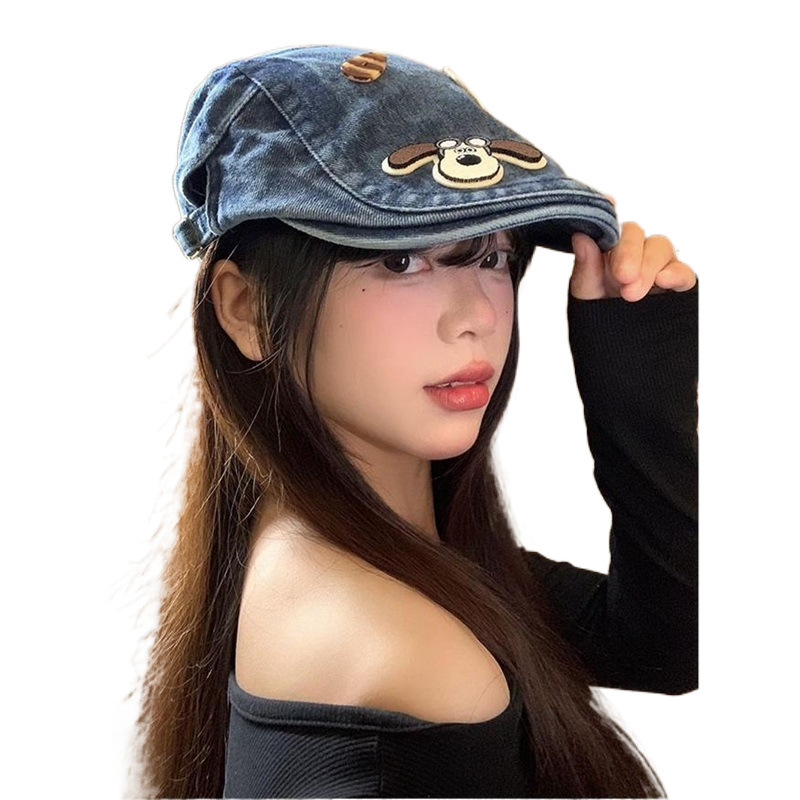 Puppy Button Denim Forward Hat for Women, Spring/Summer Washed Vintage Beret, Large Head Circumference, Face-Slimming Small Hat Trend