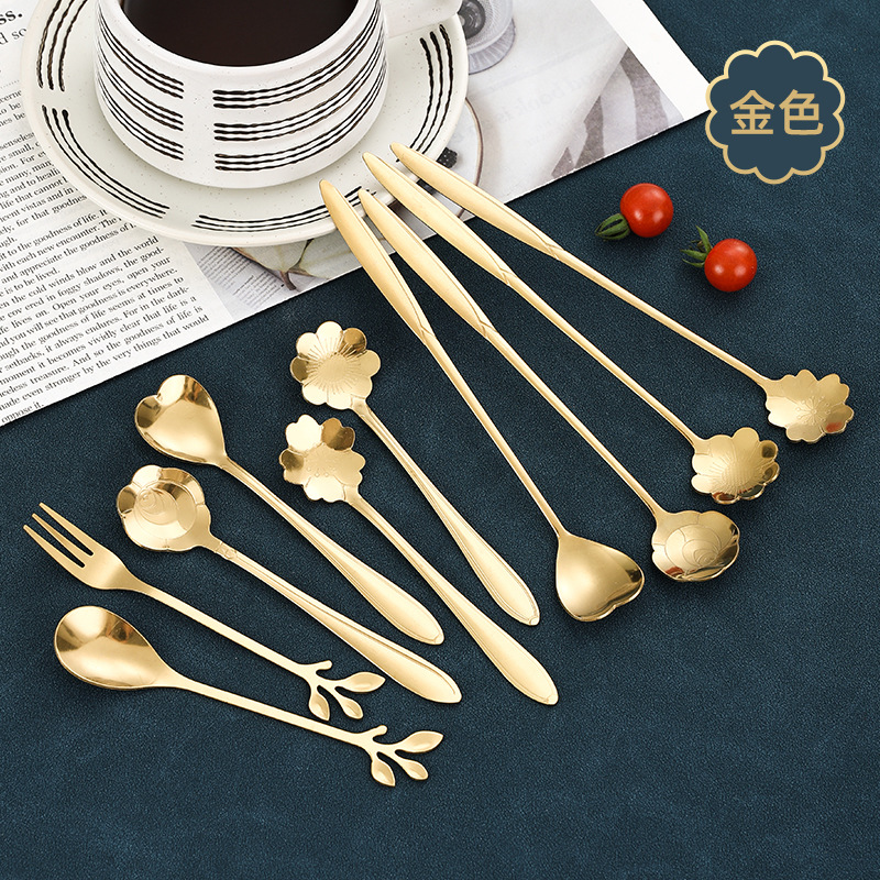 Stainless Steel Coffee Spoon Wholesale High-Looking Cherry Blossom Spoon Household Stirring Spoon Golden Dessert Spoon Bird's Nest Gift Spoon