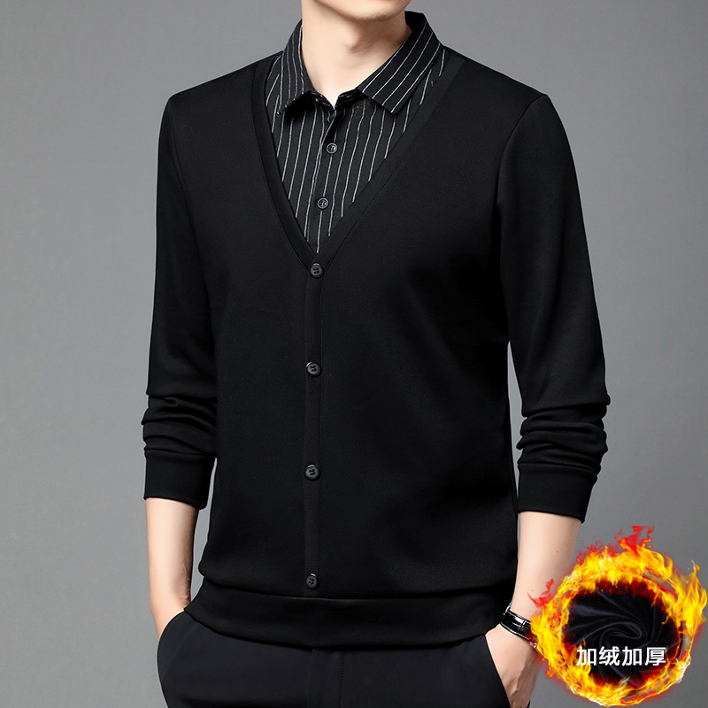 Фальшивый комплект из бархата, рубашка с воротником, зимняя, полосатая, для мужчин, повседневная вязаная одежда
