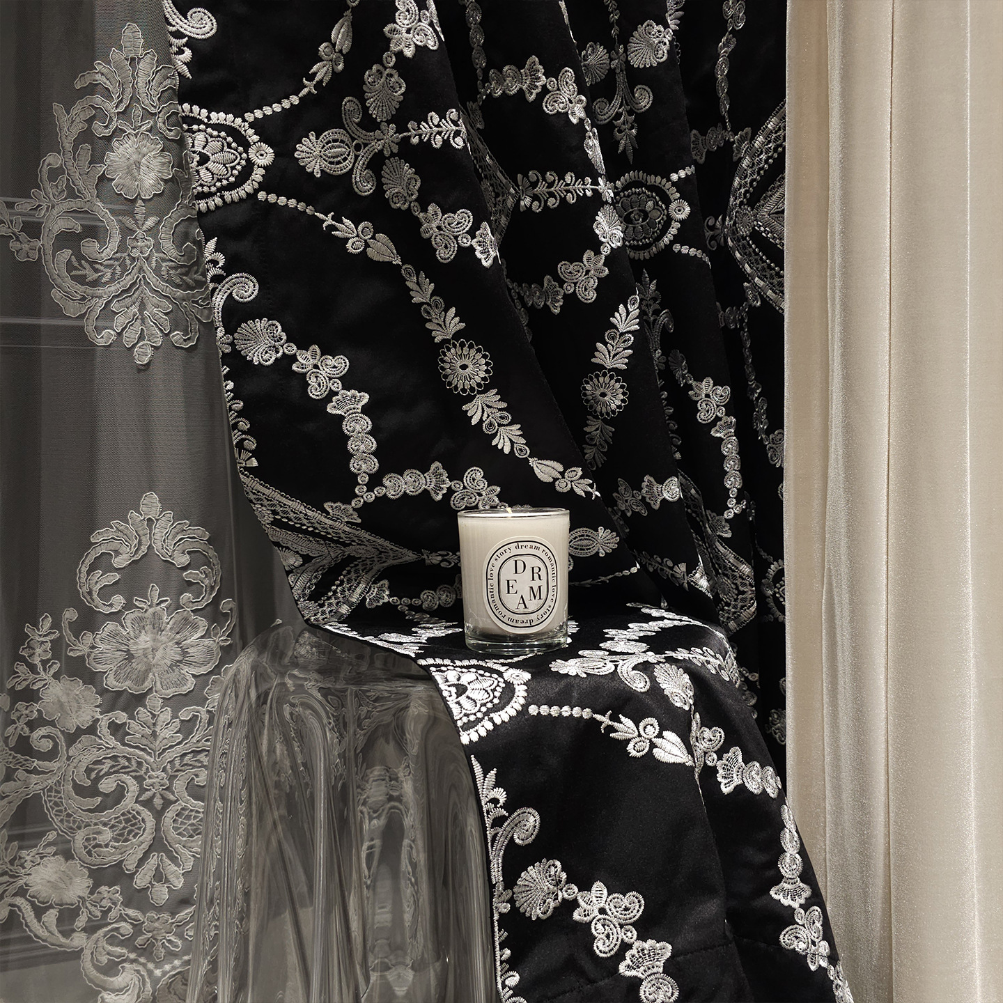 French-Style Light Luxury High-Precision Embroidered Curtains Black High-End Villa Living Room 2025 New European-Style Living Room Bedroom