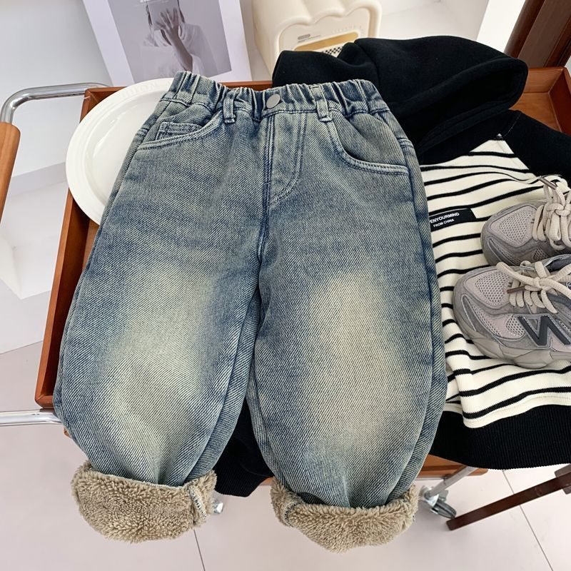 Children's Jeans with Alpaca Fleece Lining, Thickened Pants for Boys and Girls, Trendy Baby Pants, New Style