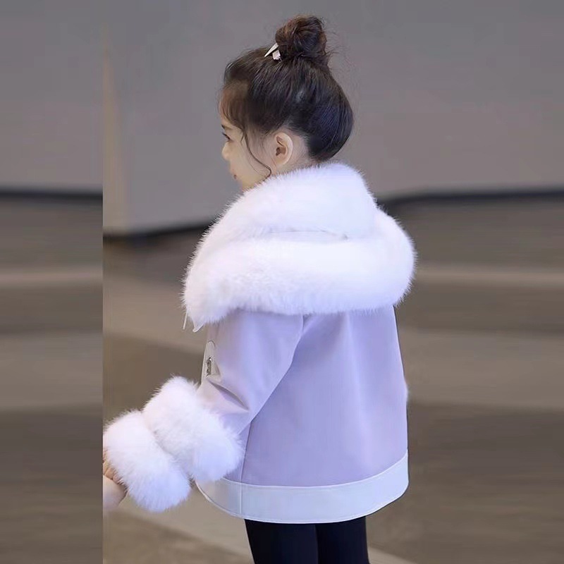 Girls' Fleece-Lined Thick Fur Coat Autumn and Winter Princess Children's Winter Coat for Older Children Leather Jacket Cotton Clothing