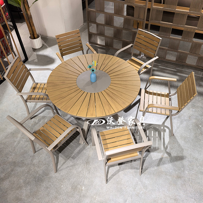Woden Outdoor Courtyard Aluminum Alloy Plastic Wood Sun Round Table and Chairs Open-Air Balcony Outdoor Waterproof Sun Protection Imitation Wood Tables and Chairs