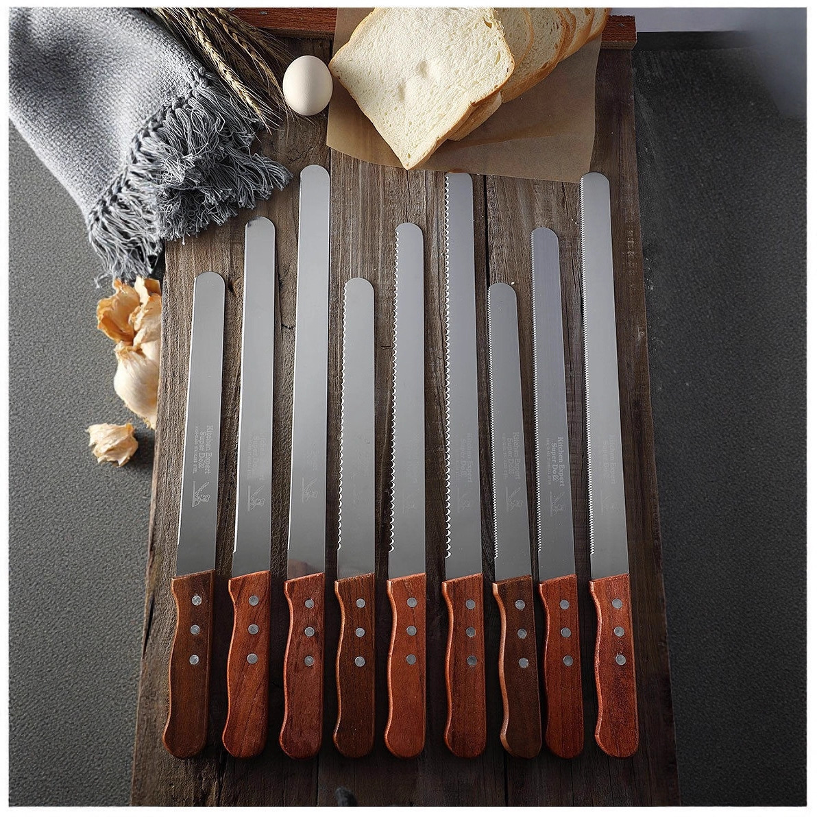 Stainless Steel Bread Knife with Wooden Handle, Toast Knife with Serrated Wooden Handle, Kitchen Bread Slicing Knife Board