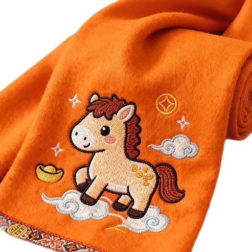 Year of the Horse Mascot Pattern Embroidered Scarf Korean Style Atmosphere Gift Light Luxury High-End Scarf Embroidery Processing