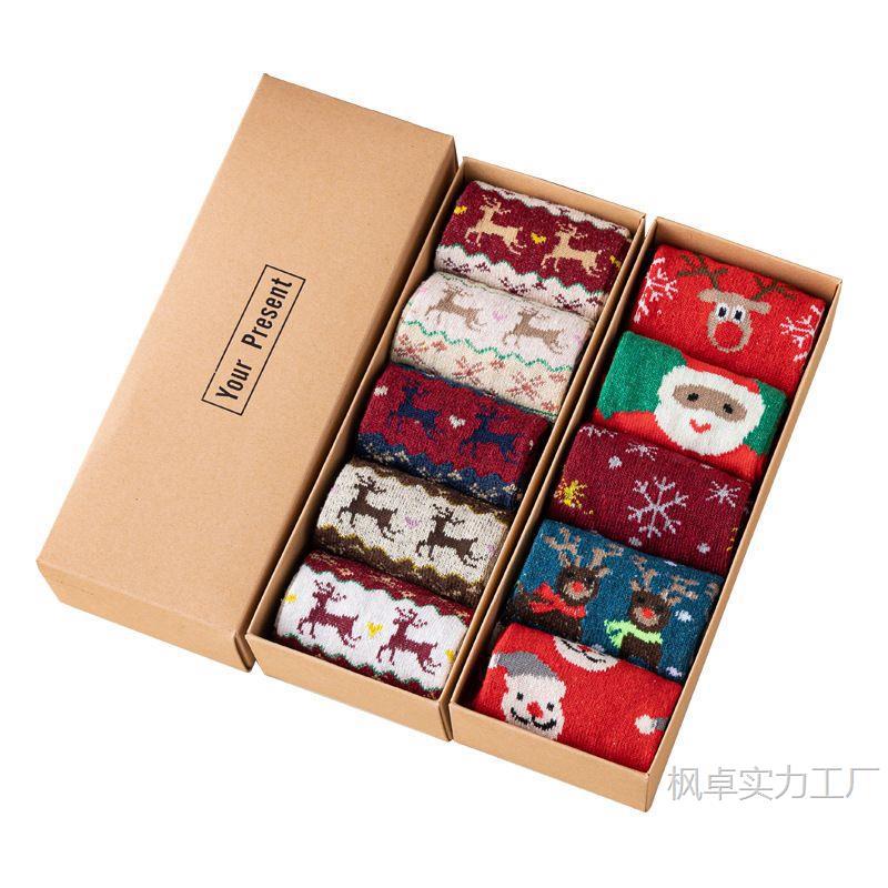 New Year's Socks Women's Autumn and Winter Warm Wool Socks Red Christmas Deer Socks Gift Box Mid-Tube Socks Factory Direct Delivery