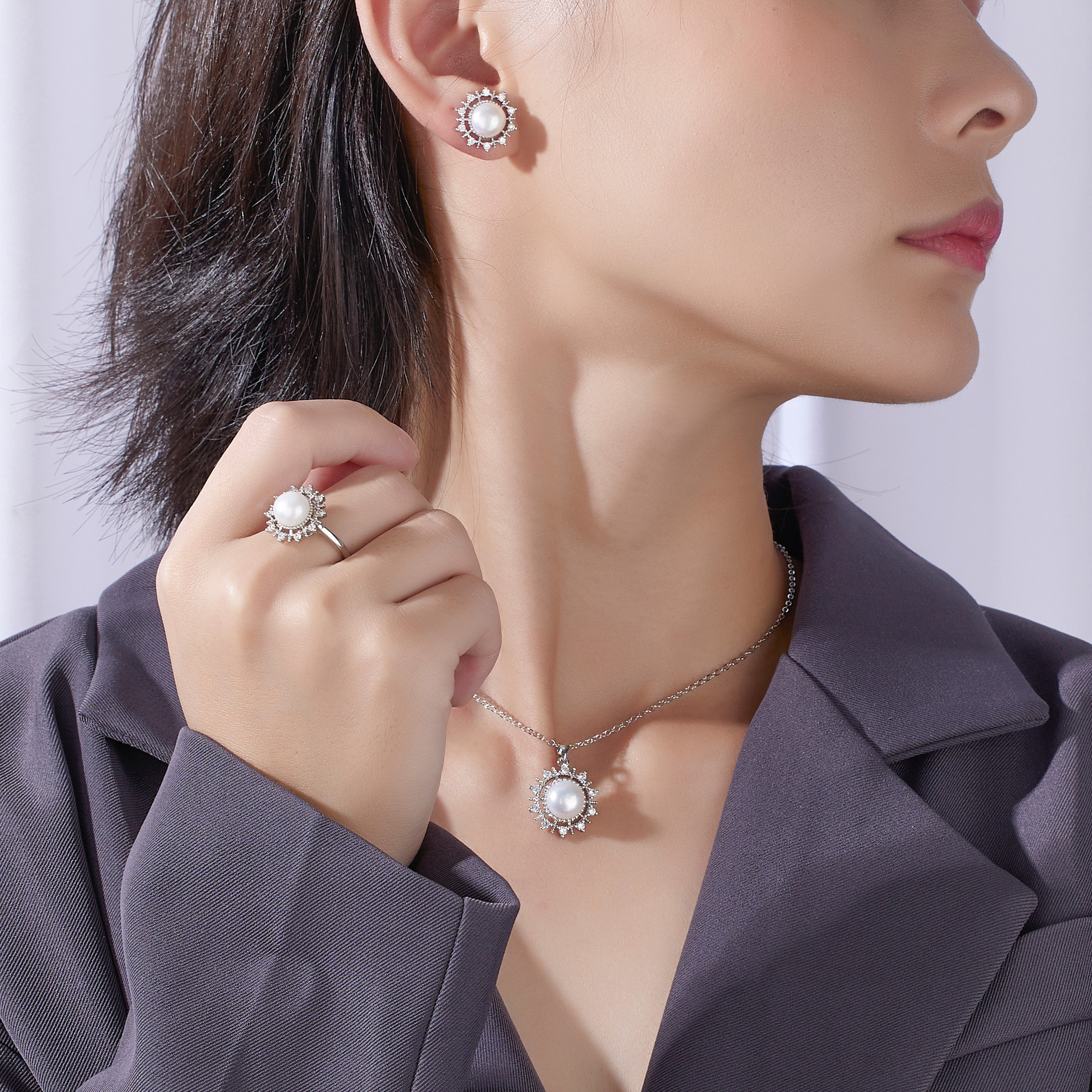 Korean version of retro light luxury all-match fashion fresh water pearl ring earring pendant three-piece women's empty holder finished wholesale