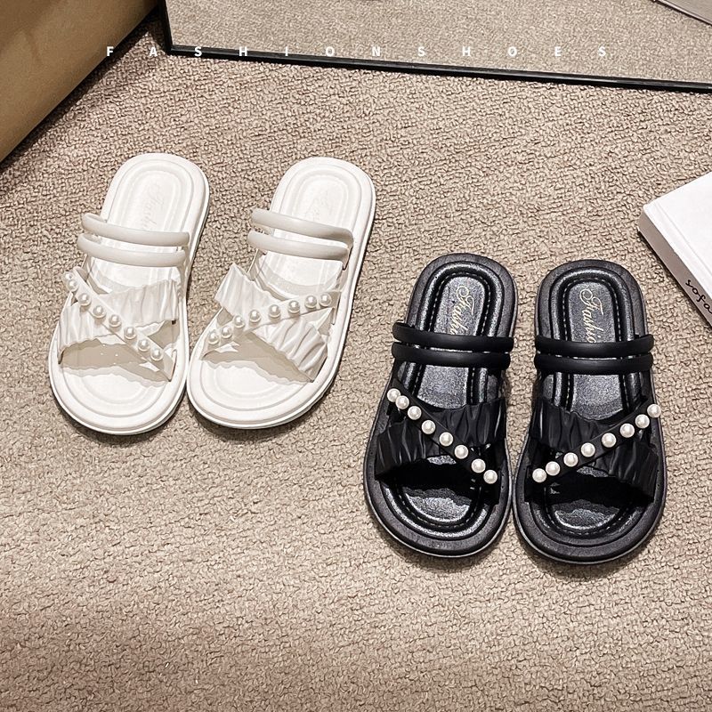 Trendy Children's Bow Pearl Sandals Summer Versatile Round Toe Non-Slip Outdoor Wear Durable Parent-Child Sandals for Girls