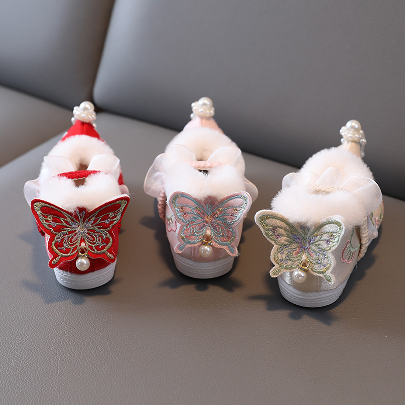 Girls' Han Dynasty Shoes, Winter Velvet Costume, Kidsren's Embroidered Shoes, Ancient Style Baby Matchinging Horse-Faced Skirts, Raised-Toe Cotton Shoes