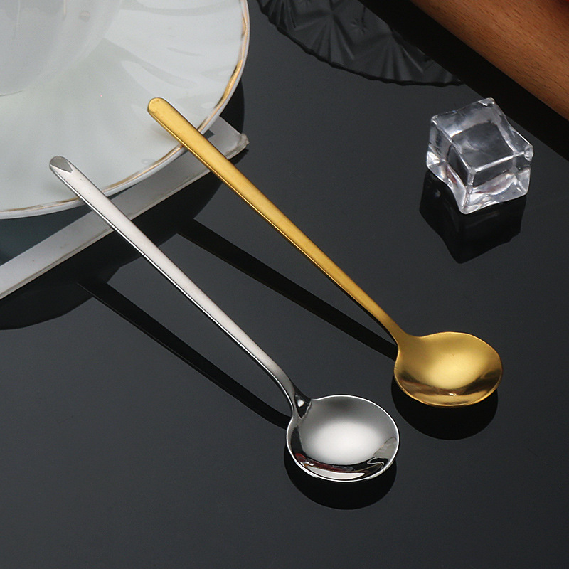 Stainless Steel Small Round Spoon Restaurant Long Handle Coffee Mixing Spoon Internet Popular Korean-style Spoon Household Gift Coffee Spoon