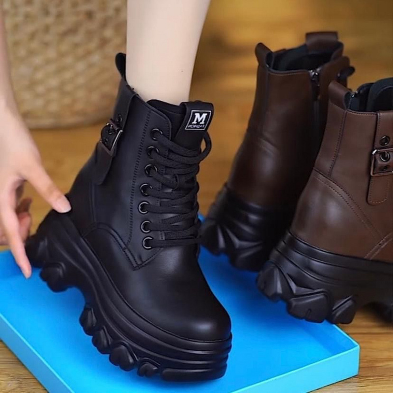 Height-Increasing Martin Boots for Women, Autumn 2025 New Style, Petite Genuine Leather Thick-Soled Ankle Boots for Women, Winter Fleece-Lined Non-Slip Warm Shoes