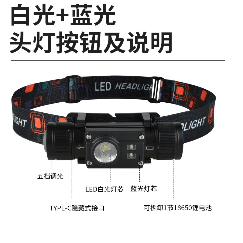 New Led Strong Light Outdoor Camping Night Fishing Headlight Type-C Rechargeable Aluminum Alloy Flashlight Headlight Dual-Use Model