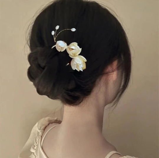 Заколка для волос в форме U с цветком магнолии, обернутая цветочная заколка, цветочный головной убор, новый китайский стиль, заколка для волос с шариком, артефакт для волос
