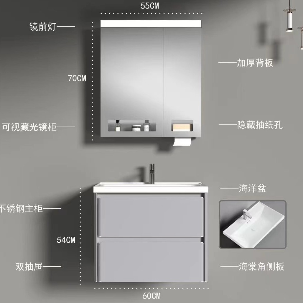 Основной шкаф из нержавеющей стали с двойной тягой и одной дверцей. Уникальный угол бегонии с увеличенным океаническим умывальником. Полное зеркало