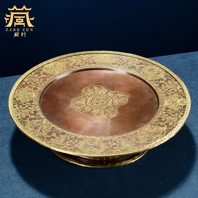 Xizang Mantra Nepal Handmade All-Copper Gold-Plated Mantra Purple Copper Gold-Plated Carved Xizang Mandala Copper Repair Tray