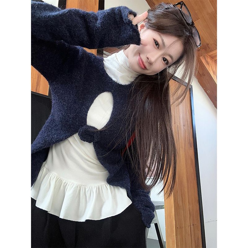 Корея стиль прэппи вырез длинный рукав трикотаж женский зимний костюм многослойная водолазка футболка комплект из двух предметов модный набор