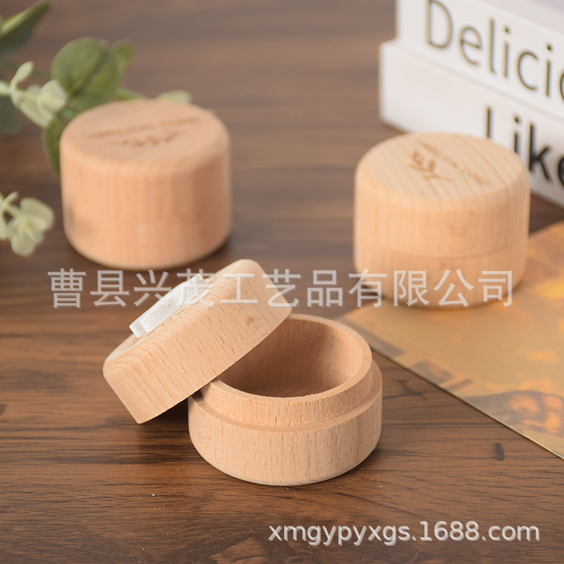 Baby Wooden Deciduous Tooth Box Round Engagement Solid Wood Ring Storage Box Round Fetal Hair Commemorative Beech Wood Deciduous Tooth Storage Box