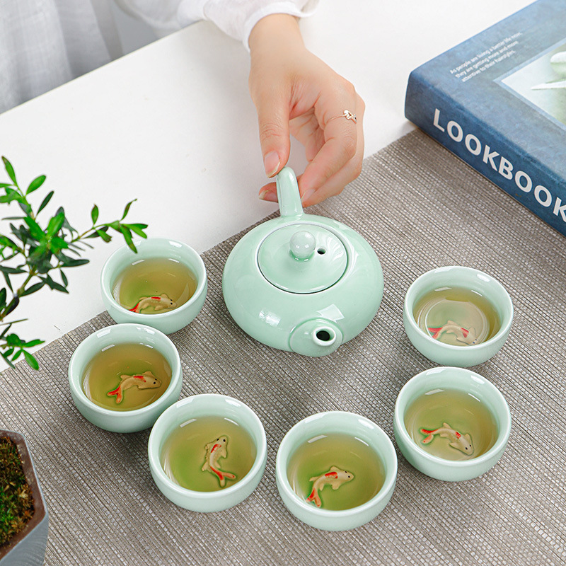 Portable travel tea set celadon small fish set wedding opening real estate gift can be printed Logo
