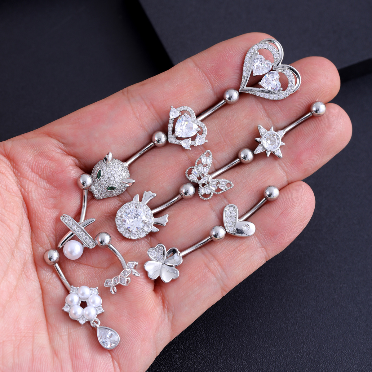 Cross-border e-commerce new stainless steel zircon belly button ring belly button nail butterfly pearl chain belly button online wholesale