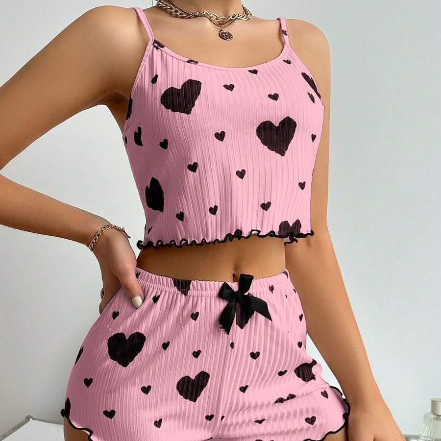 Summer New European and American 2024 Knitted Pit Strips Heart Print Design Sweet Suspender Shorts Pure Desire Pajamas for Women