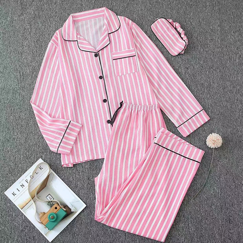 Four seasons can wear striped pajamas women cross-border OZON bubble wrinkled cotton home wear long sleeve trousers eye mask suit