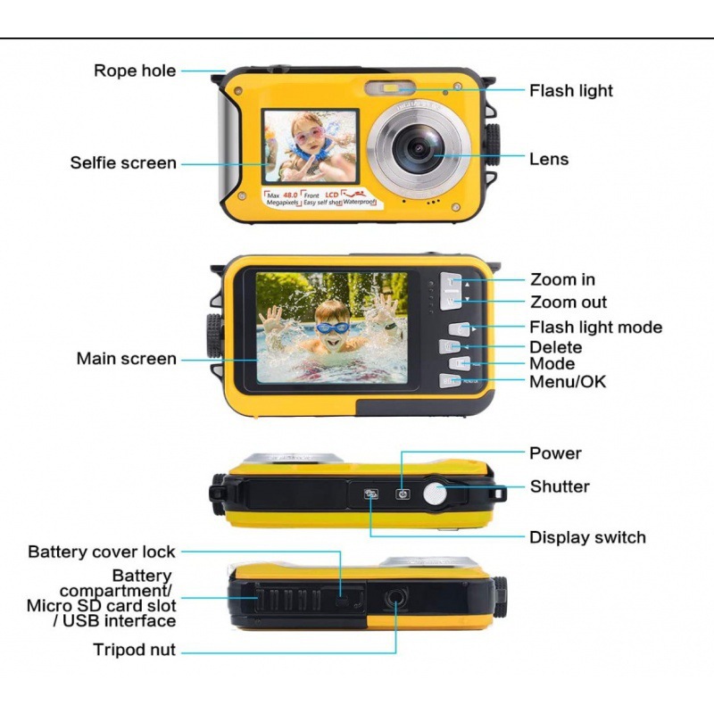 Foreign Order Underwater Camera Full Hd 2.7K 48Mp Waterproof Snorkeling Dual Screen Waterproof Camera Digital