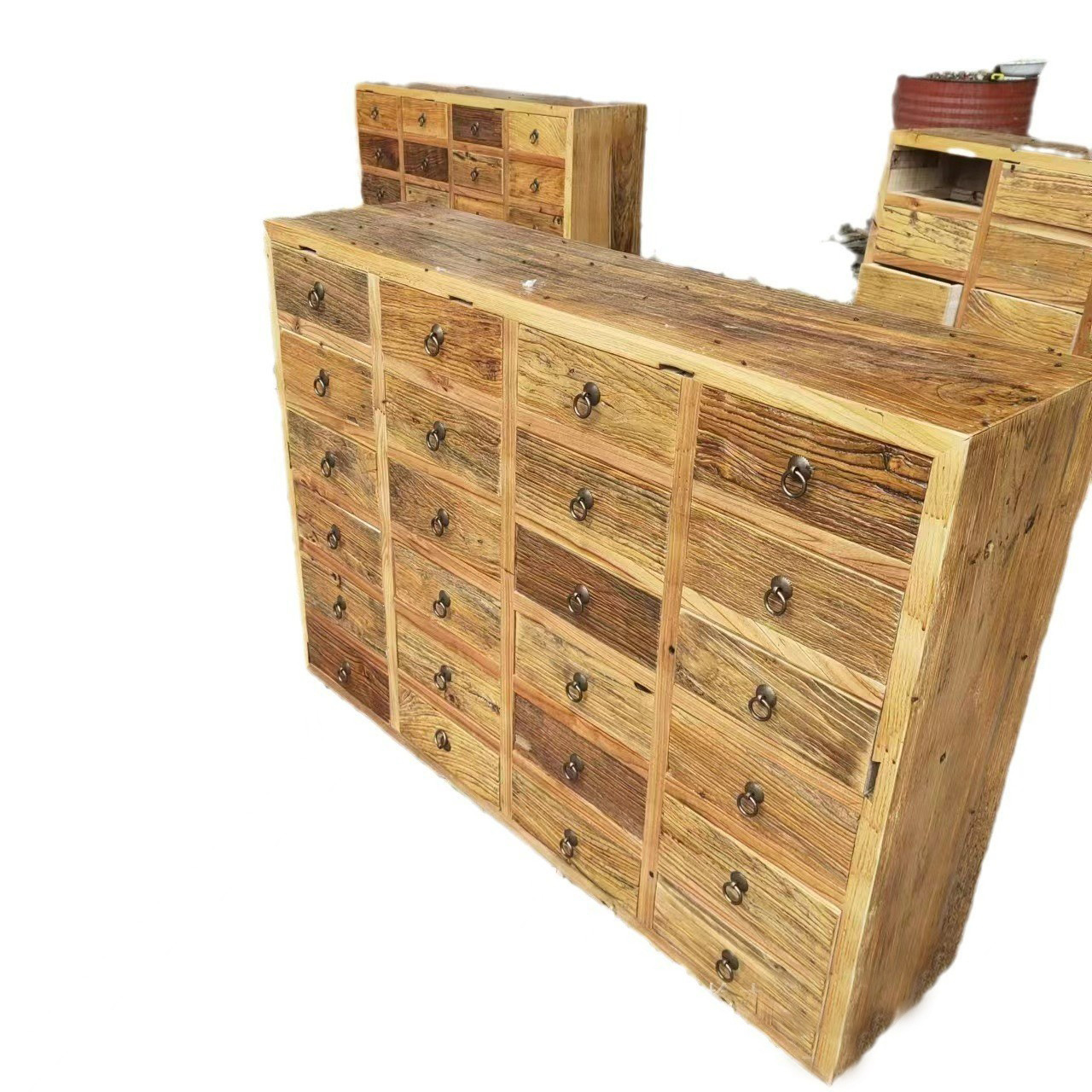 Old Elm Chinese Medicine Cabinet Multi-Compartment Cabinet Classical Chinese Medicinal Material Display Cabinet Weathered Old Door Panel Solid Wood Cabinet Manufacturer