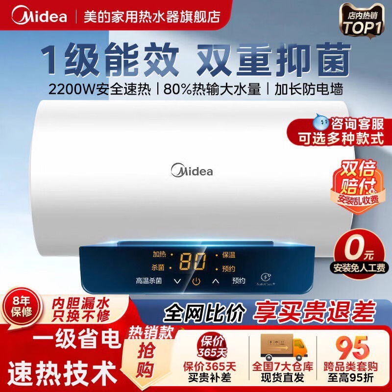 Электрический водонагреватель Midea 60 литров, бытовой, класс I, энергосбережение, 50 литров, накопительный, быстрое нагревание, флагманский магазин X1