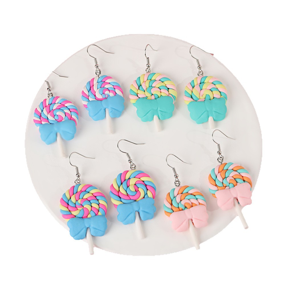 Colorful Bow Lollipop Ear Hooks Artificial Food Toy Cream Glue Soft Pottery Earrings Little Girl Sweet Earrings Jewelry
