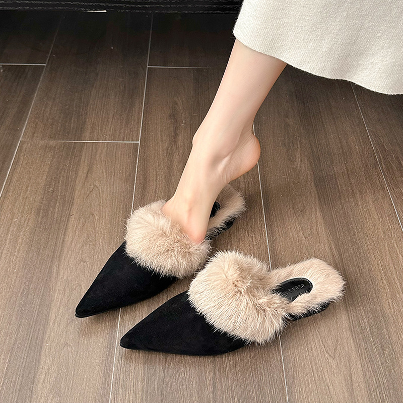 Retro Style Autumn and Winter 2024 New Pointed Toe Furry Warm Stiletto High Heel Half Slippers Women's Toe-Cap Mule Slippers