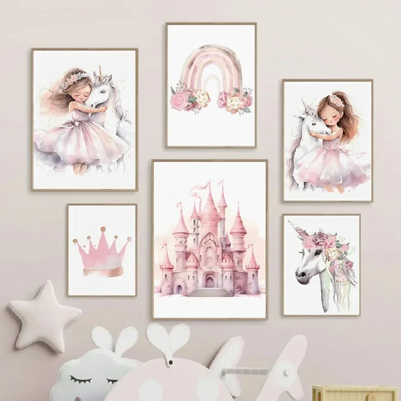 Pink Watercolor Cartoon Character Girl Princess Castle Unicorn Girl Bedroom Backwall Poster Frameless Core