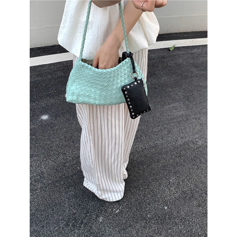 Hand-Woven Sailboat Bag, Fresh Color Matching Mint Green Armpit Bag, Casual Holiday Style Shoulder Handbag for Women