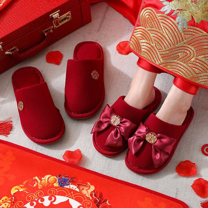 Свадебные тапочки для приданого, праздничные красные, пара зимних домашних свадебных тапочек для новобрачных
