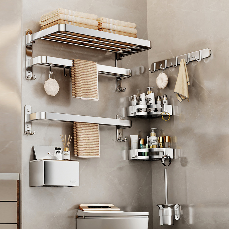 Towel Rack Stainless Steel 304 Punch-Free Bathroom Towel Rack Bathroom Storage Rack Bathroom Accessories Set