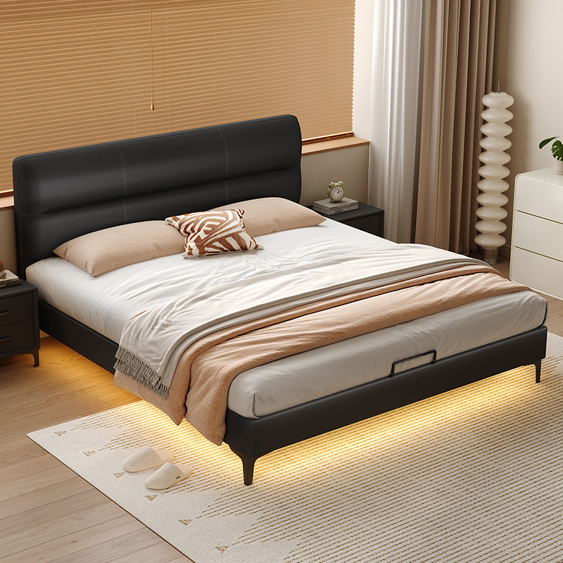 Italian Style Minimalist Light Luxury Leather Bed Modern Minimalist Bedroom Thin Bed 1.8 m Side Double Bed Master Bedroom Wedding Bed