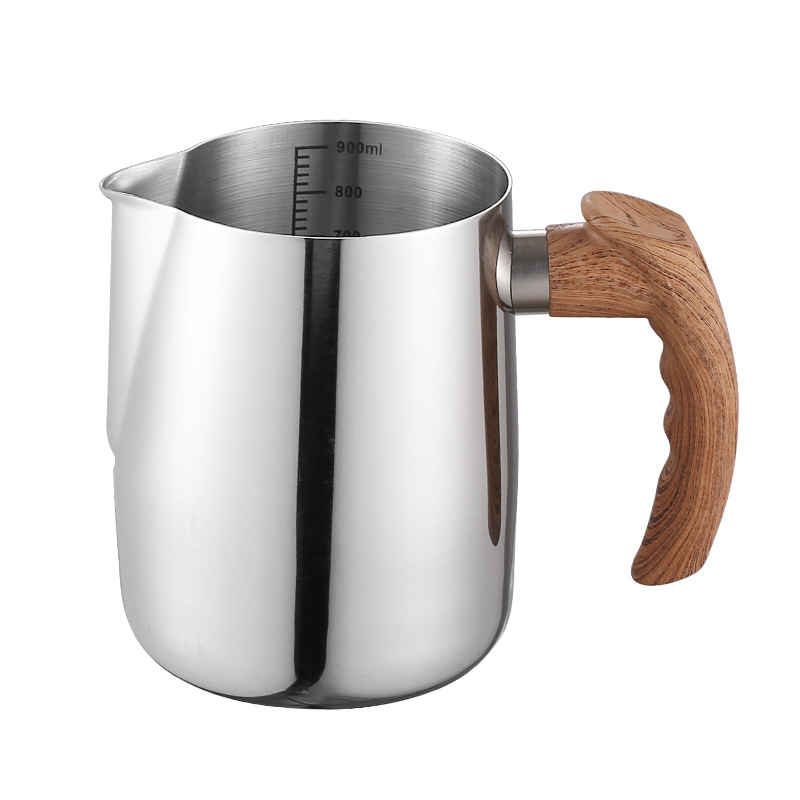Cross-border 304 stainless steel flower Cup pointed mouth flower cylinder wood grain handle with scale measuring cup coffee cup milk bubble Cup