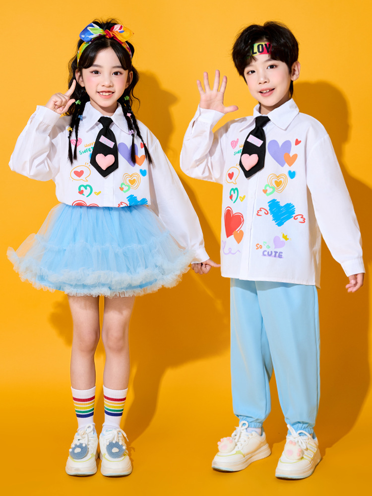 Children's Cheerleading Costumes, Primary School Students' Sports Meeting Uniforms, Heart Long-Sleeved Shirts, Kindergarten Chorus Performance Costumes