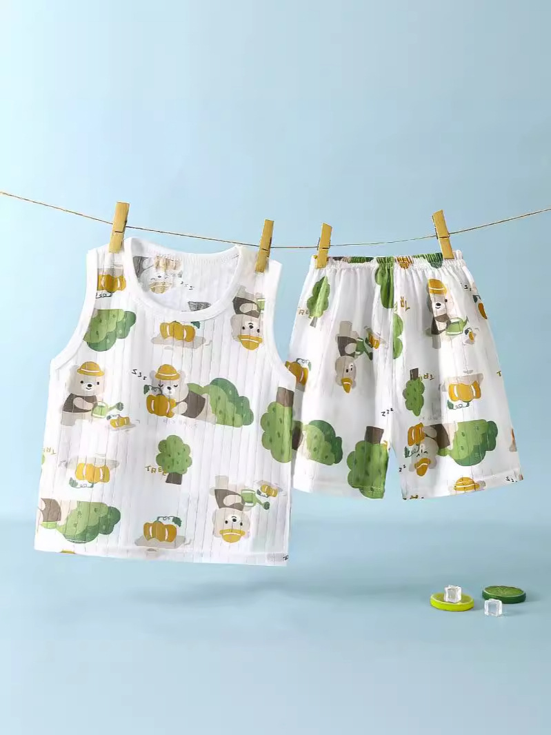 Children's Summer Jacquard Cotton Vest Shorts Suit New Style Male and Female Baby Sleeveless Cartoon Breathable Kidsren's Clothing Trendy