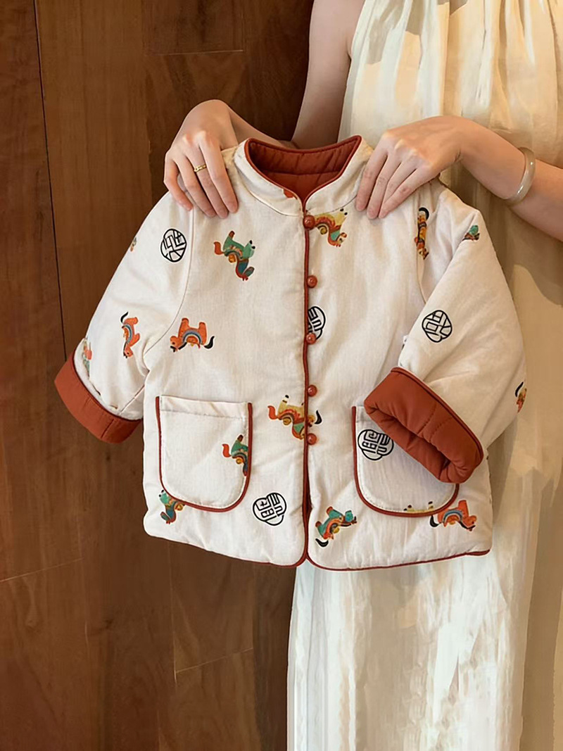 Boys and Girls Quilted Thickeneded Winter Red Cotton Coat Suit Reversible New Year's Greetings Chinese Style Kidsren's Winter Cotton Jacket
