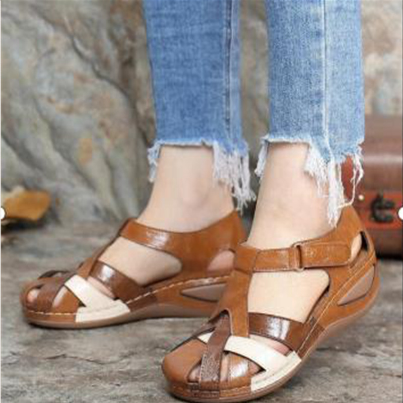 Foreign Trade Large Size 2021 Summer New European and American Retro Round Toe Wedge Women's Roman Shoes Cross Buckle Women's Sandals