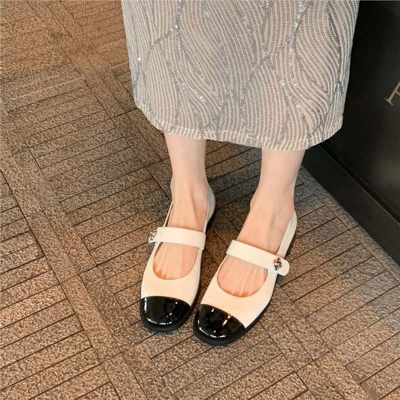 Sheepskin Version ~ Classic Small Fragrance Style Color-Blocked One-Line Buckle Mary Jane Shoes for Women with Shallow Mouth, Flats Genuine Leather Thick Heel Shoes