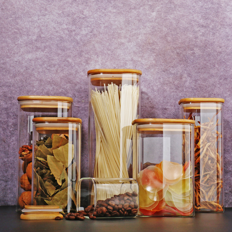 Square Storage Jar with Bamboo Lid, Sealed Jar for Kitchen Grains, Candies, Tea, Glass Storage Jar, Glass Bottle