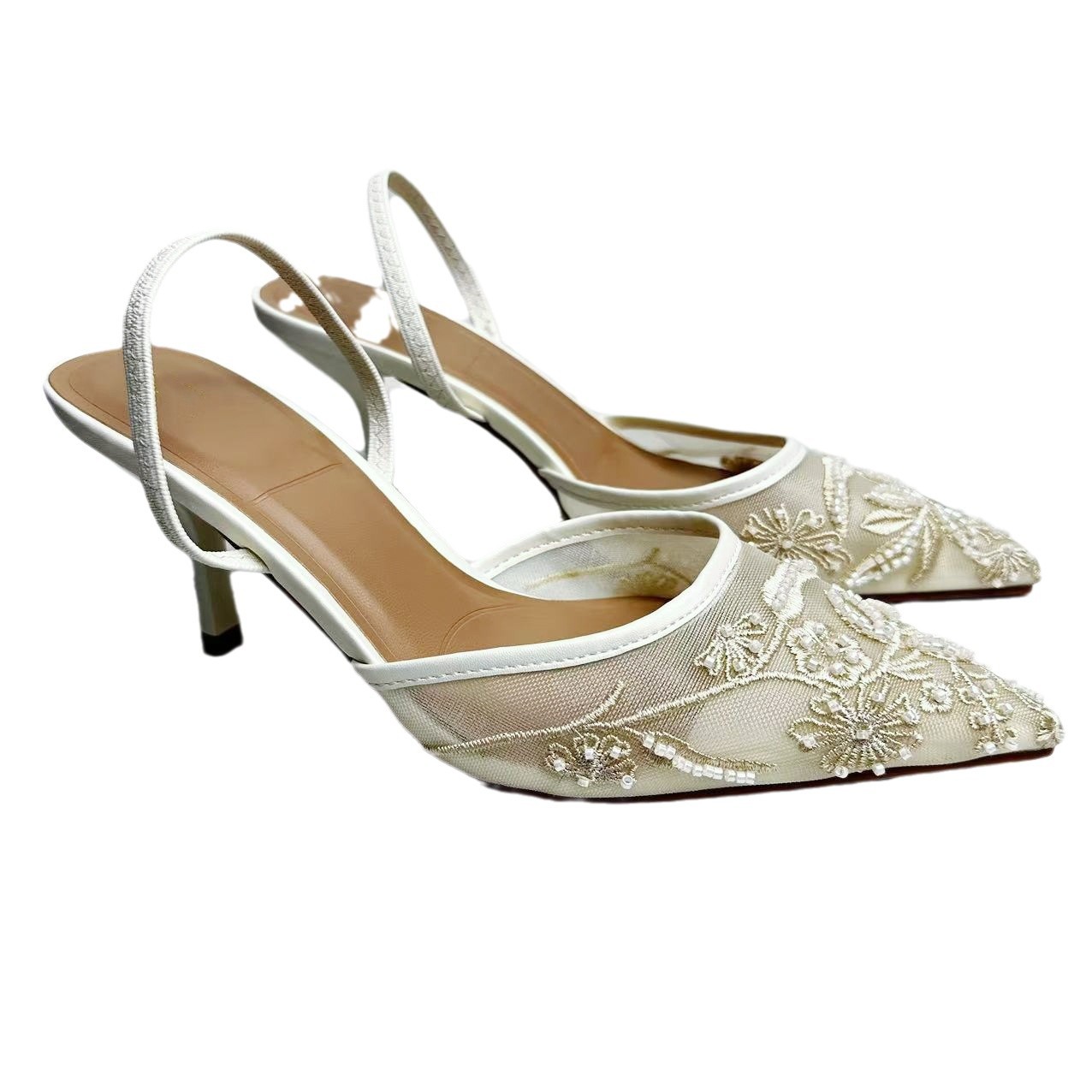 Spain ZA2024 Autumn New Muller Shoes White Embroidered Mesh Rear Trip Strap Thin Heeled High Heeled Dew Sandals