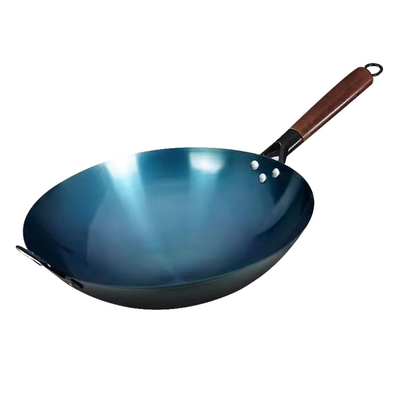 Wholesale old-fashioned forged iron pan roasted blue wok gas stove wok non-stick pan uncoated boiled fine iron pan