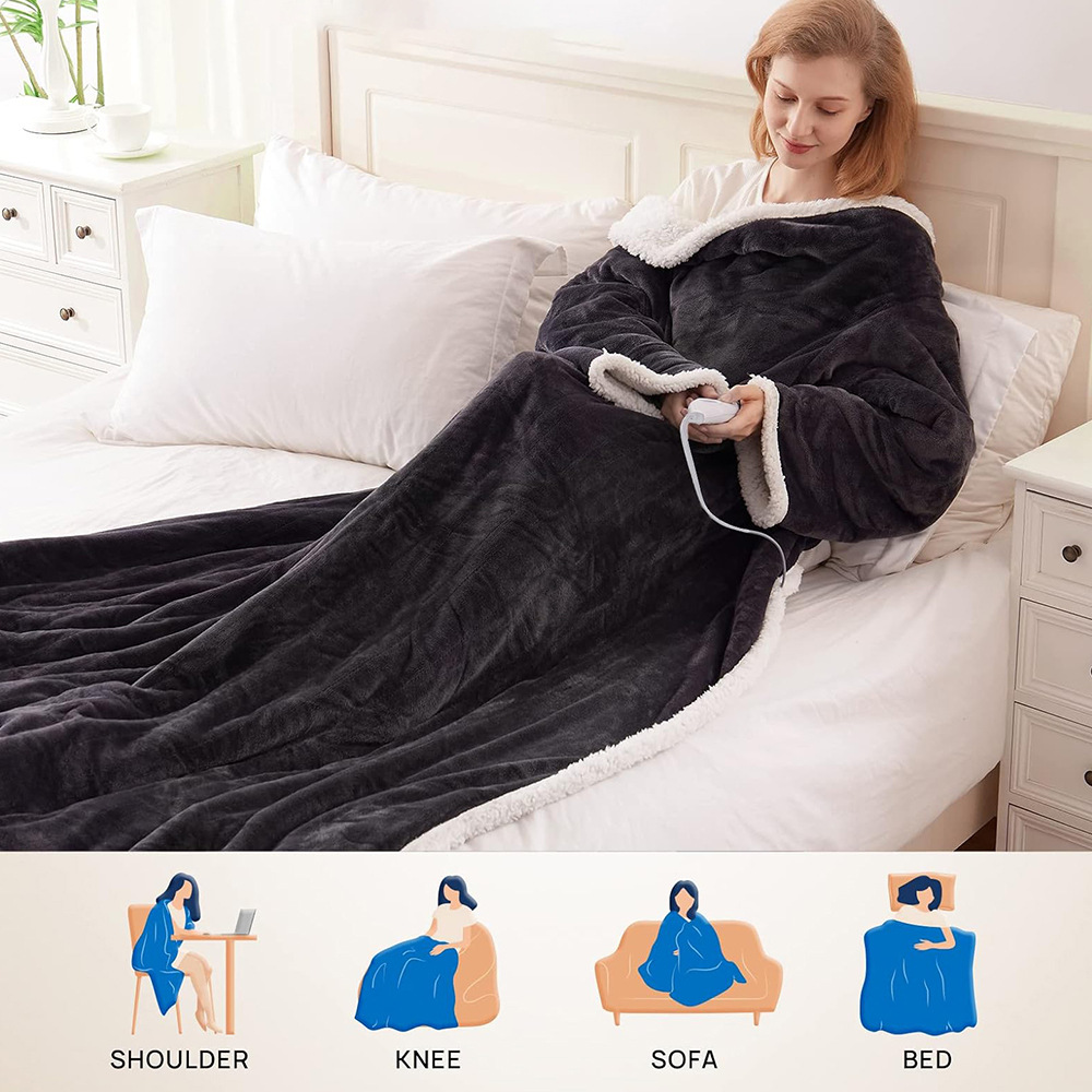 Cross-border electric heating blanket flannel lamb wool wearable heating blanket with sleeves electric blanket for home office use