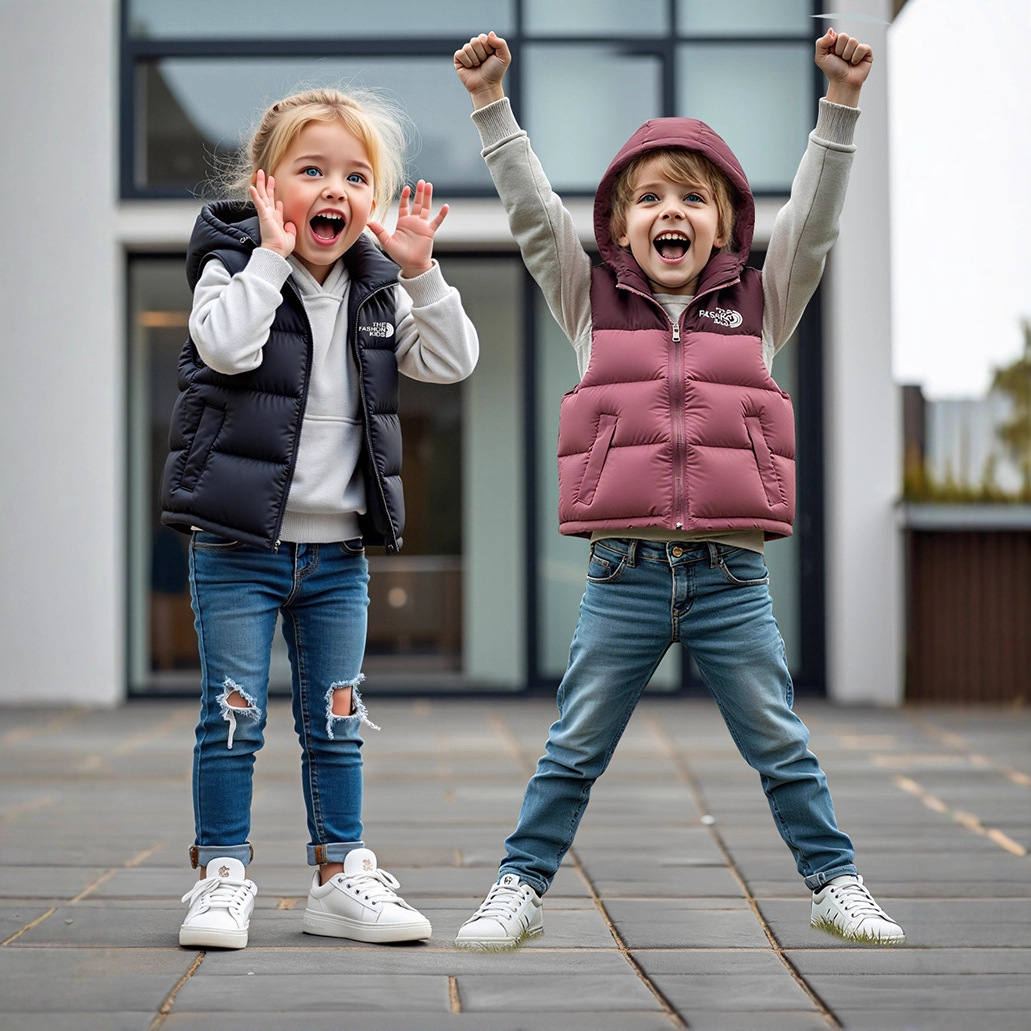 25 Autumn and Winter New Kidsren's Color-Blocked down Cotton Stand-Up Collar Vest for Boys and Girls, Medium and Large Kidsren, Versatile Vests